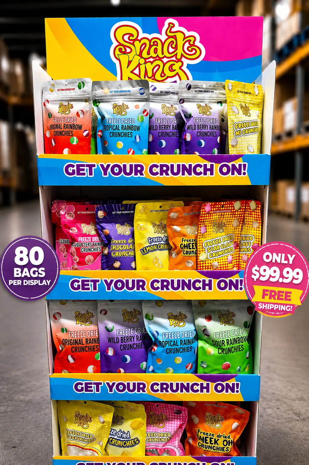 SnackKingdom freeze dried candy retail display stocked with 80 assorted bags