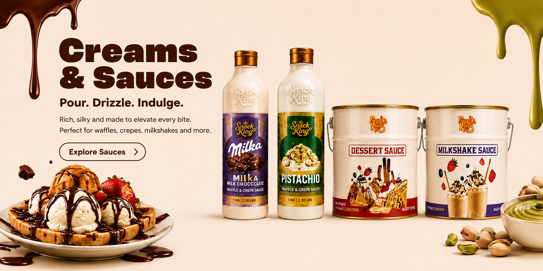 Creams & Sauces β Milka and pistachio waffle sauce bottles beside dessert and milkshake sauce buckets