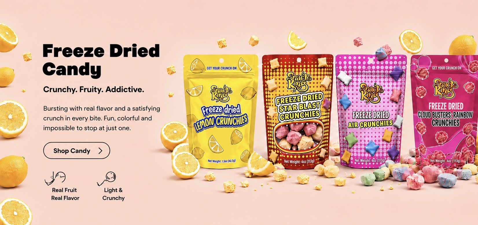 Freeze Dried Candy β lemon, star blast, air crunchies and cloud busters bags with loose candy