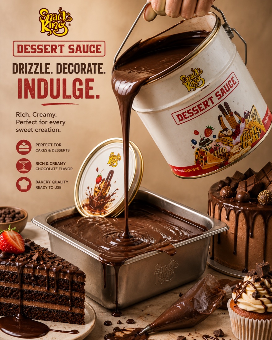 Chocolate dessert sauce pouring from a SnackKingdom bucket into a tray