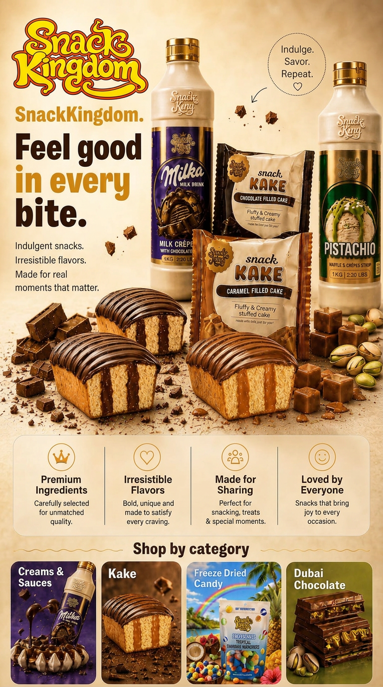 SnackKingdom lineup on a warm cream background: Milka milk drink and pistachio waffle syrup bottles beside chocolate and caramel filled Snack KAKE packs, with shop-by-category tiles for Creams & Sauces, Kake, Freeze Dried Candy and Dubai Chocolate