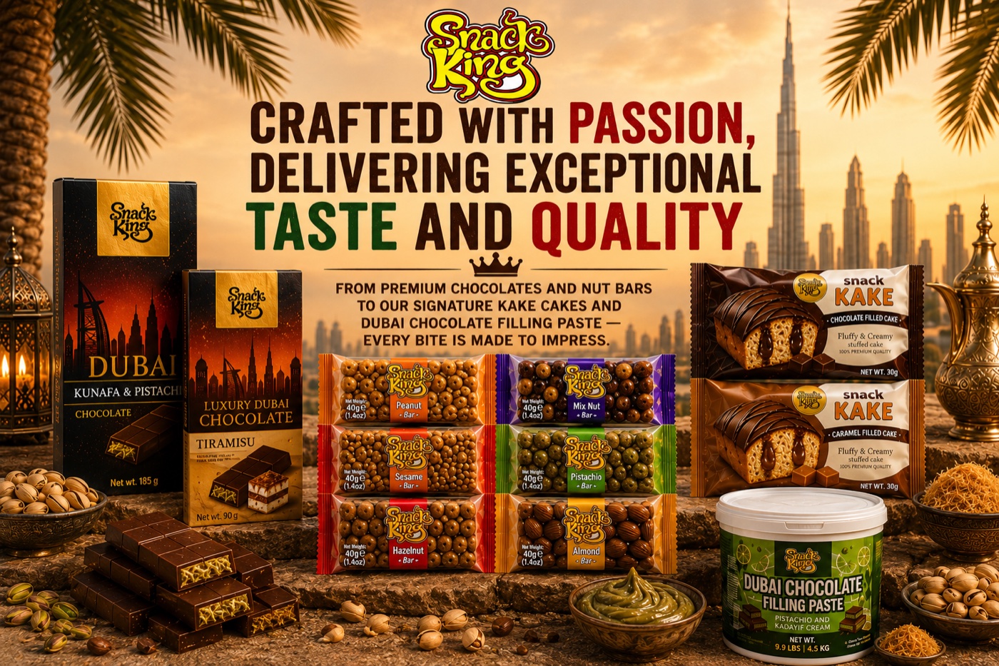 SnackKingdom range — Dubai chocolate, Snack KAKE, nut bars and pistachio filling paste — under the line Crafted with Passion, Delivering Exceptional Taste and Quality