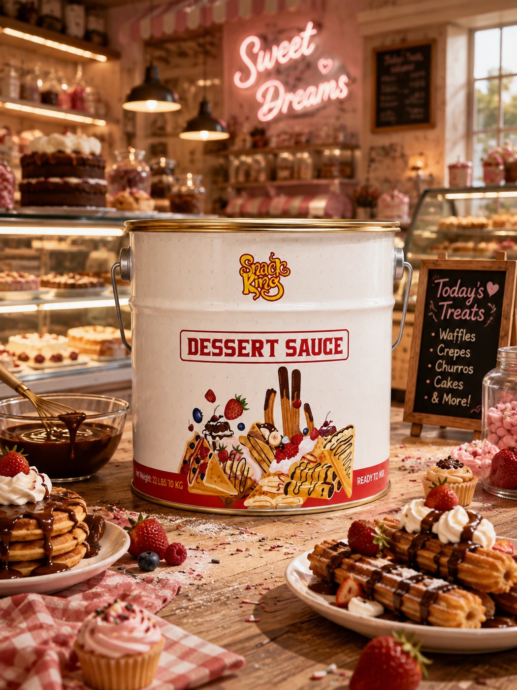 SnackKingdom Dessert Sauce bucket on a bakery counter surrounded by waffles, crepes and cakes