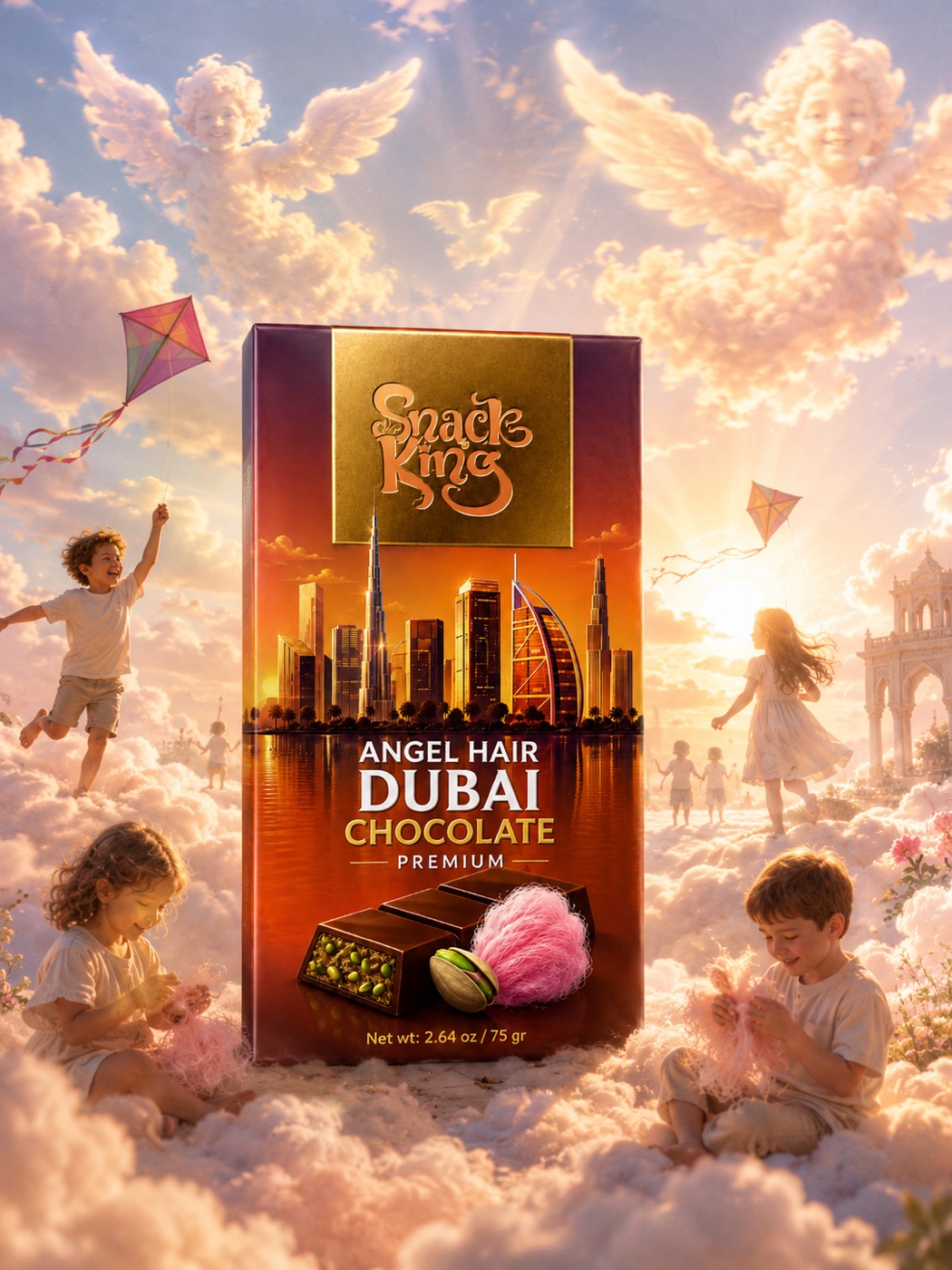 SnackKingdom Angel Hair Dubai Chocolate box among clouds and kites