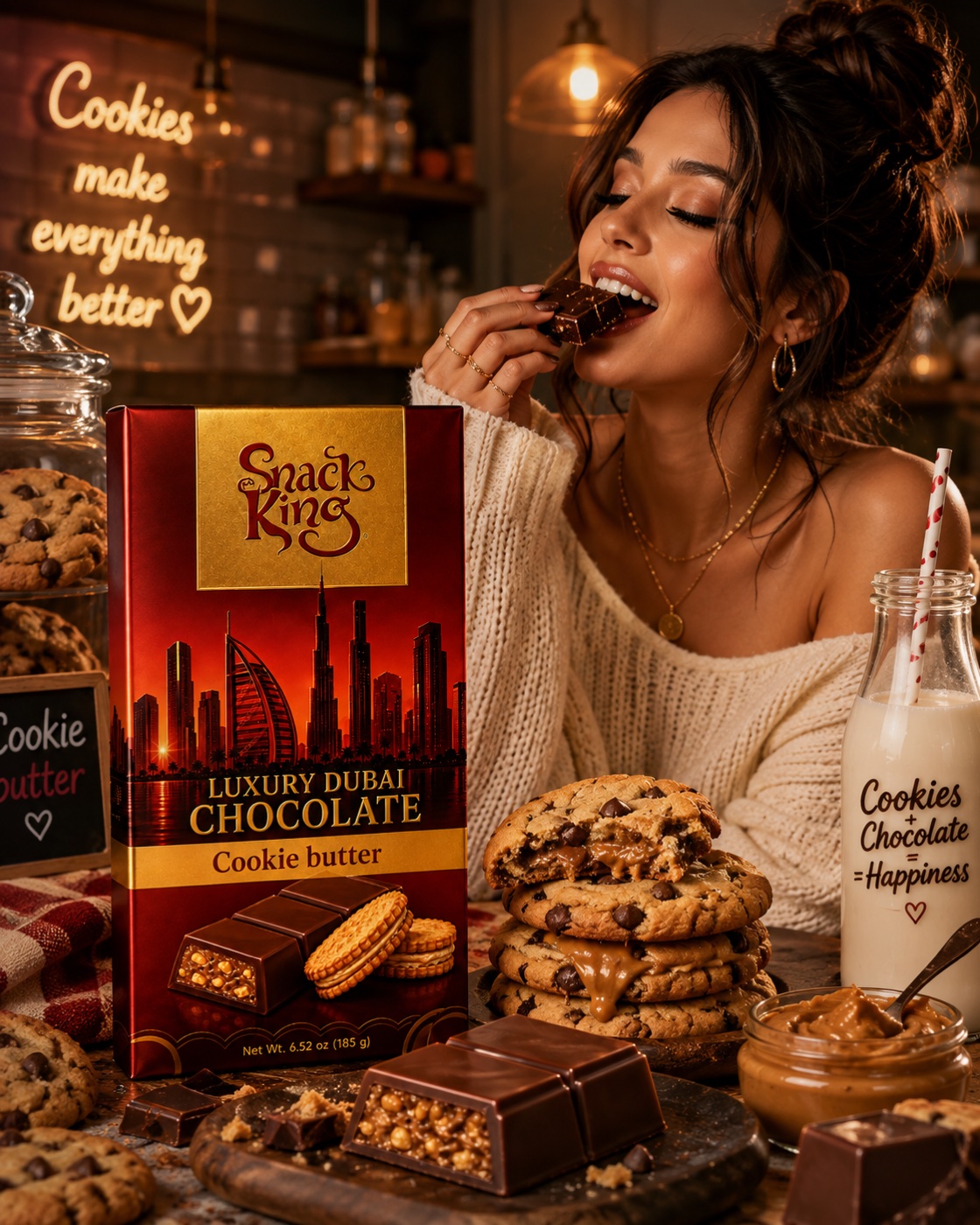 Woman with SnackKingdom Luxury Dubai Chocolate Cookie Butter bar surrounded by cookies and cookie butter jars