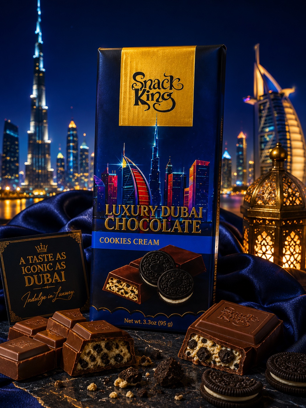 SnackKingdom Luxury Dubai Chocolate Cookies Cream bar against the Dubai skyline at night