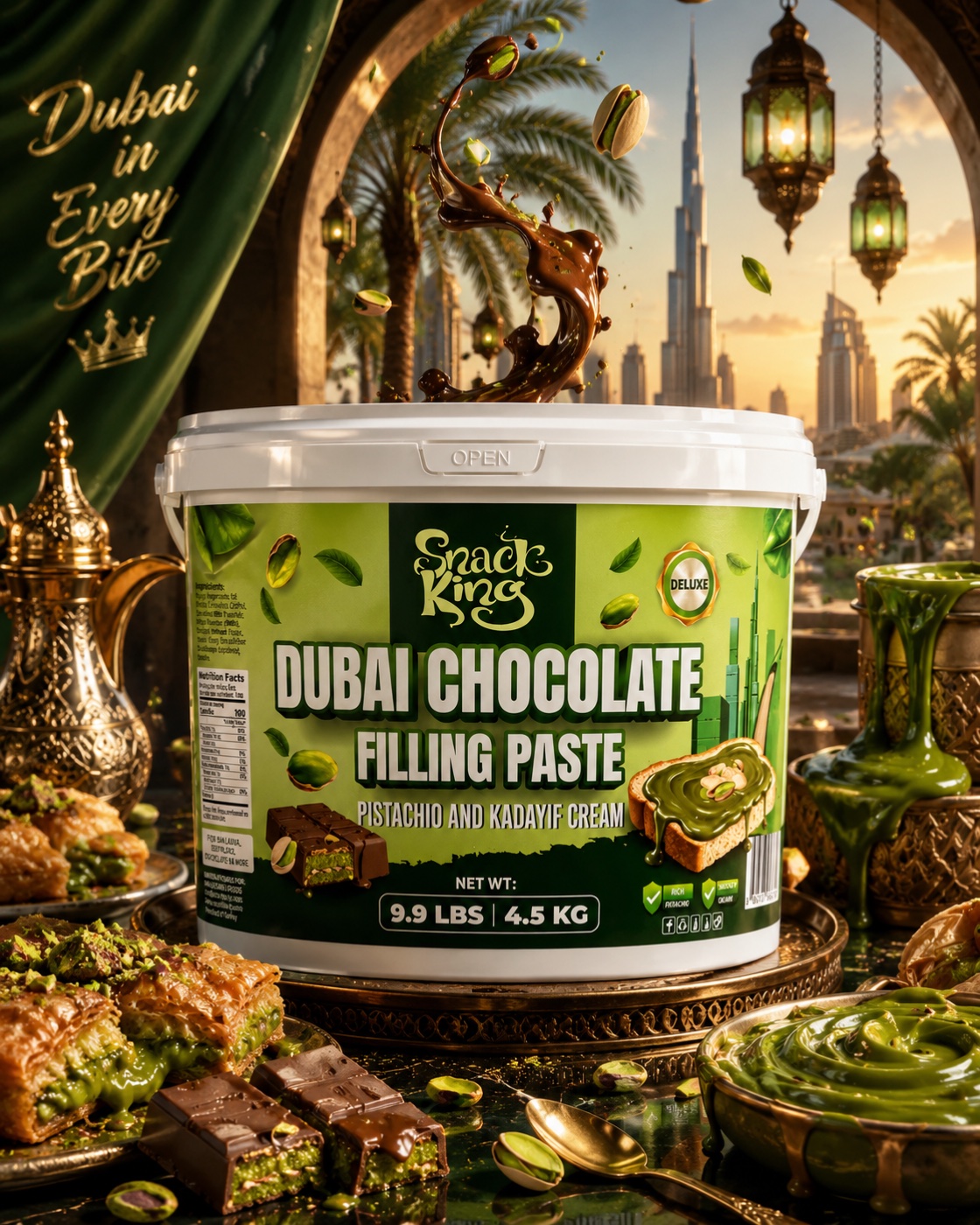 SnackKingdom Dubai Chocolate Filling Paste bucket surrounded by pistachios, kadayif and Middle Eastern lanterns