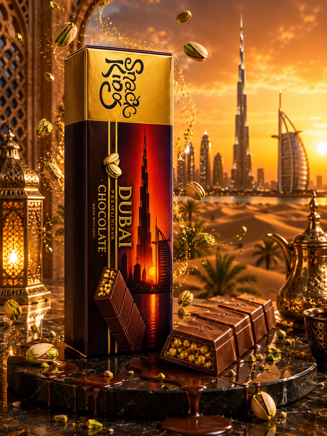 SnackKingdom Dubai Chocolate slim bar with pistachios against a Dubai sunset