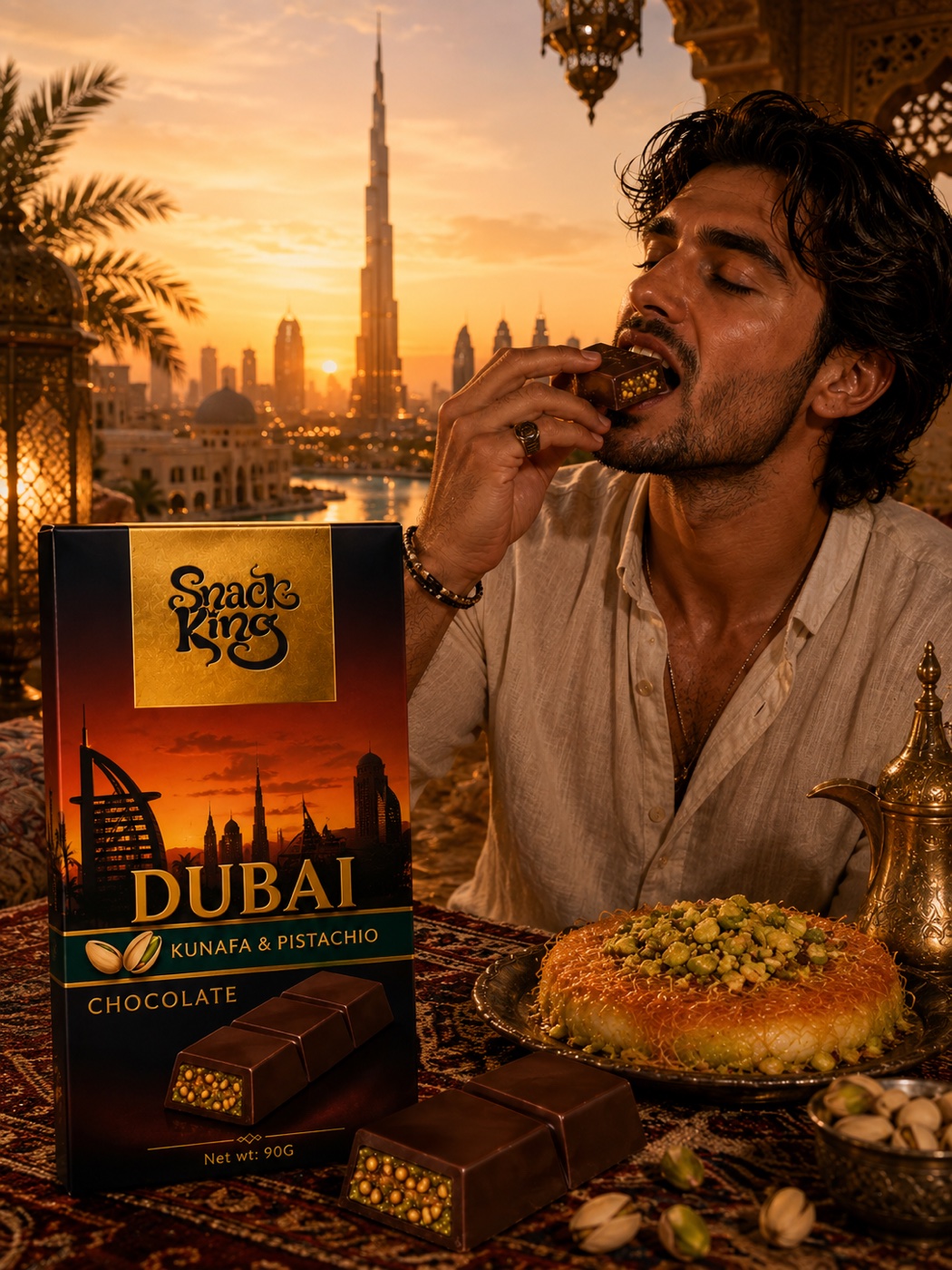 Man eating SnackKingdom Dubai Kunafa & Pistachio chocolate beside a kunafa dish at sunset