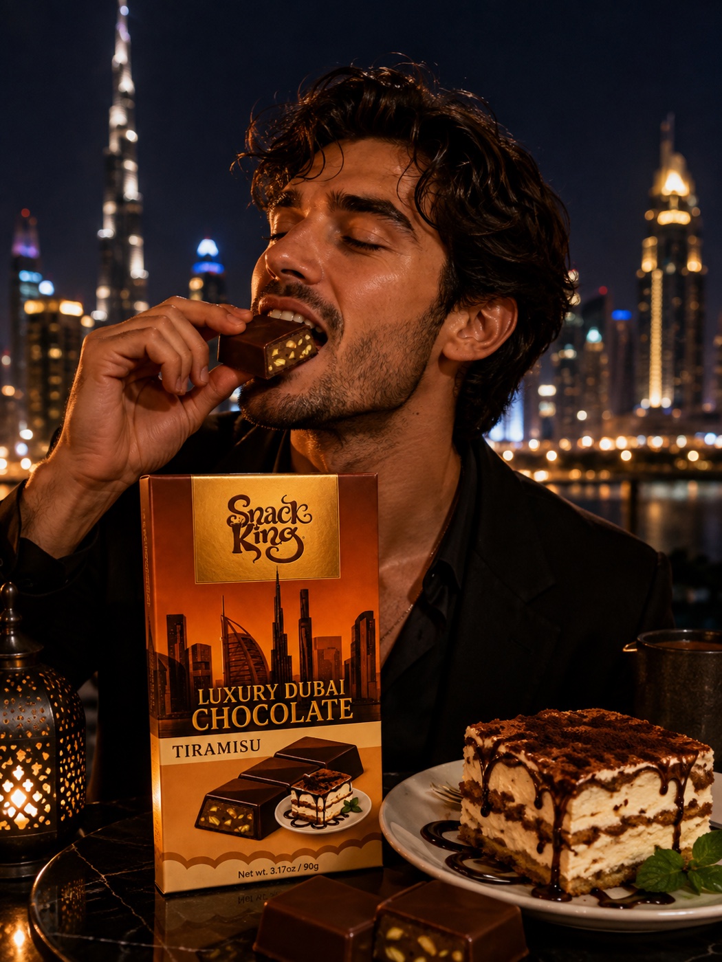 Man eating SnackKingdom Luxury Dubai Chocolate Tiramisu bar beside a tiramisu dessert and the Dubai skyline