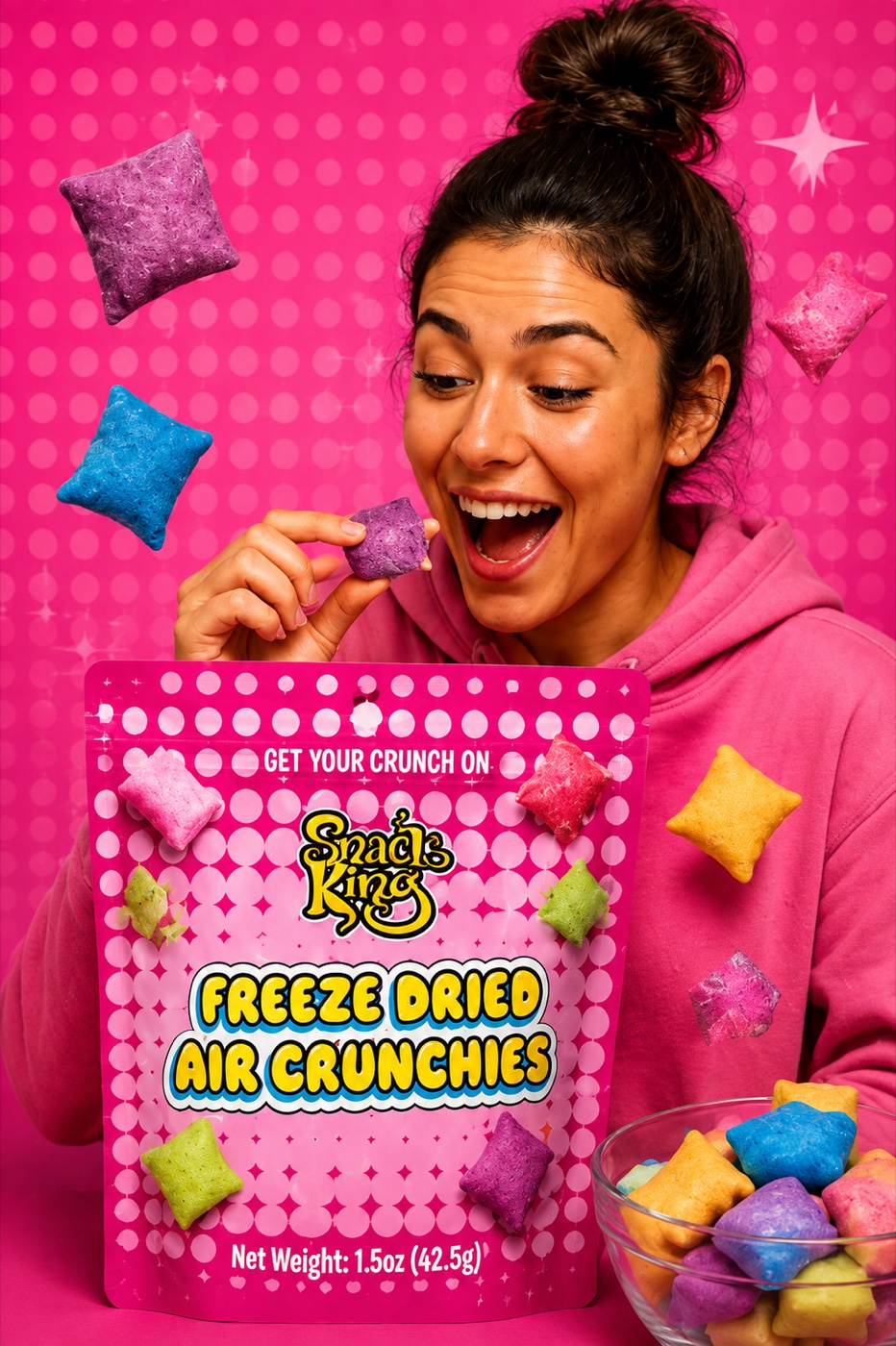 Woman with SnackKingdom Freeze Dried Air Crunchies bag against a pink background