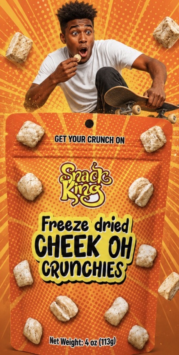 Man on a skateboard with SnackKingdom Freeze Dried Cheek Oh Crunchies bag