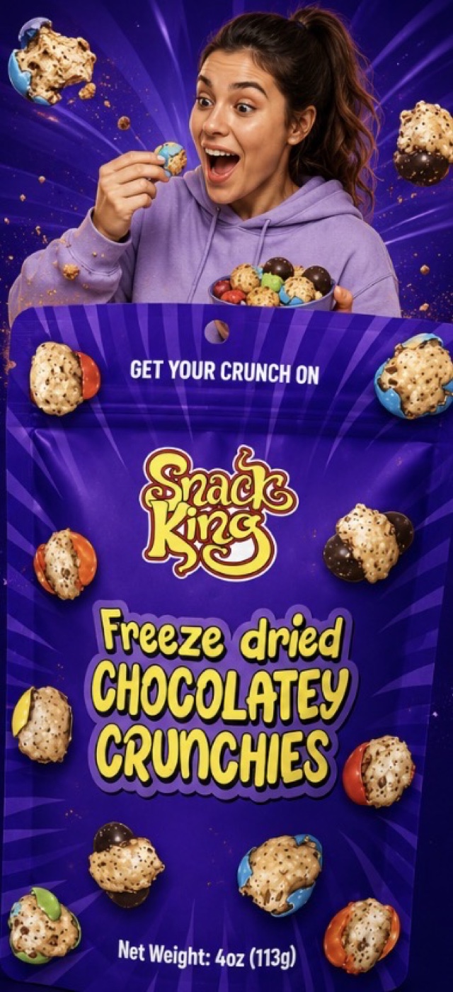 Woman with SnackKingdom Freeze Dried Chocolatey Crunchies bag on a purple background