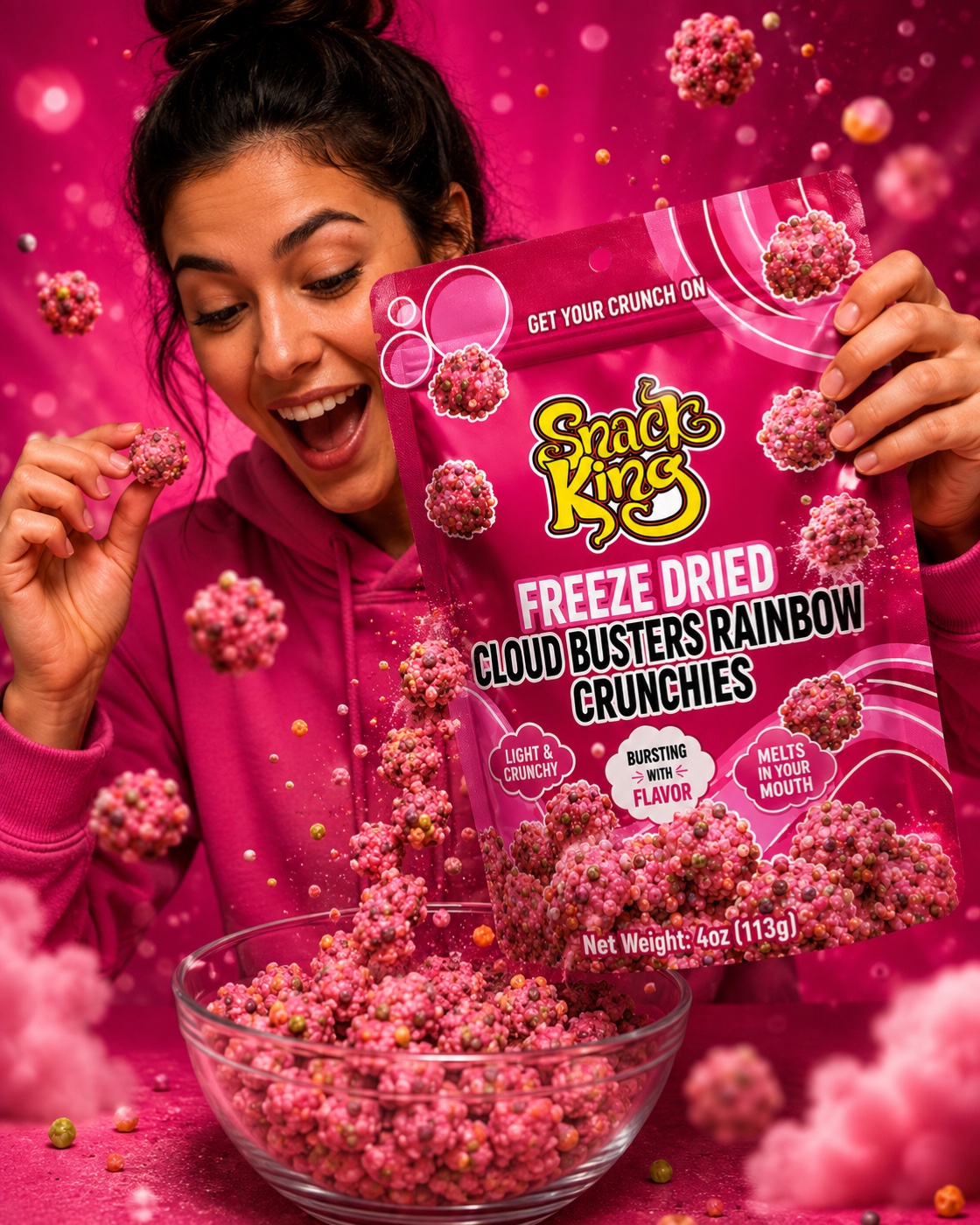 Woman with SnackKingdom Freeze Dried Cloud Busters Rainbow Crunchies bag