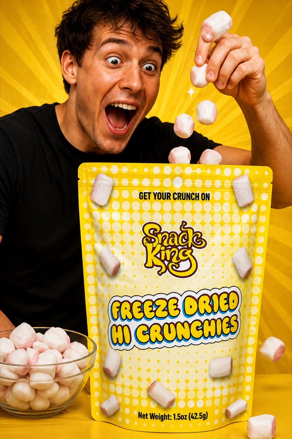 Man with SnackKingdom Freeze Dried Hi Crunchies marshmallow bag on a yellow background