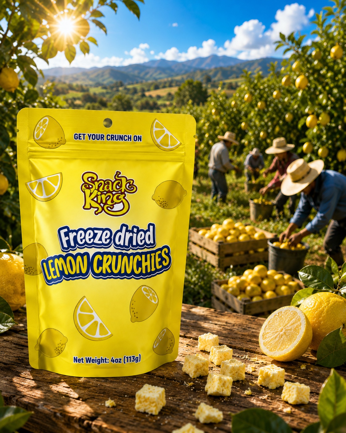 SnackKingdom Freeze Dried Lemon Crunchies bag in a sunlit lemon grove