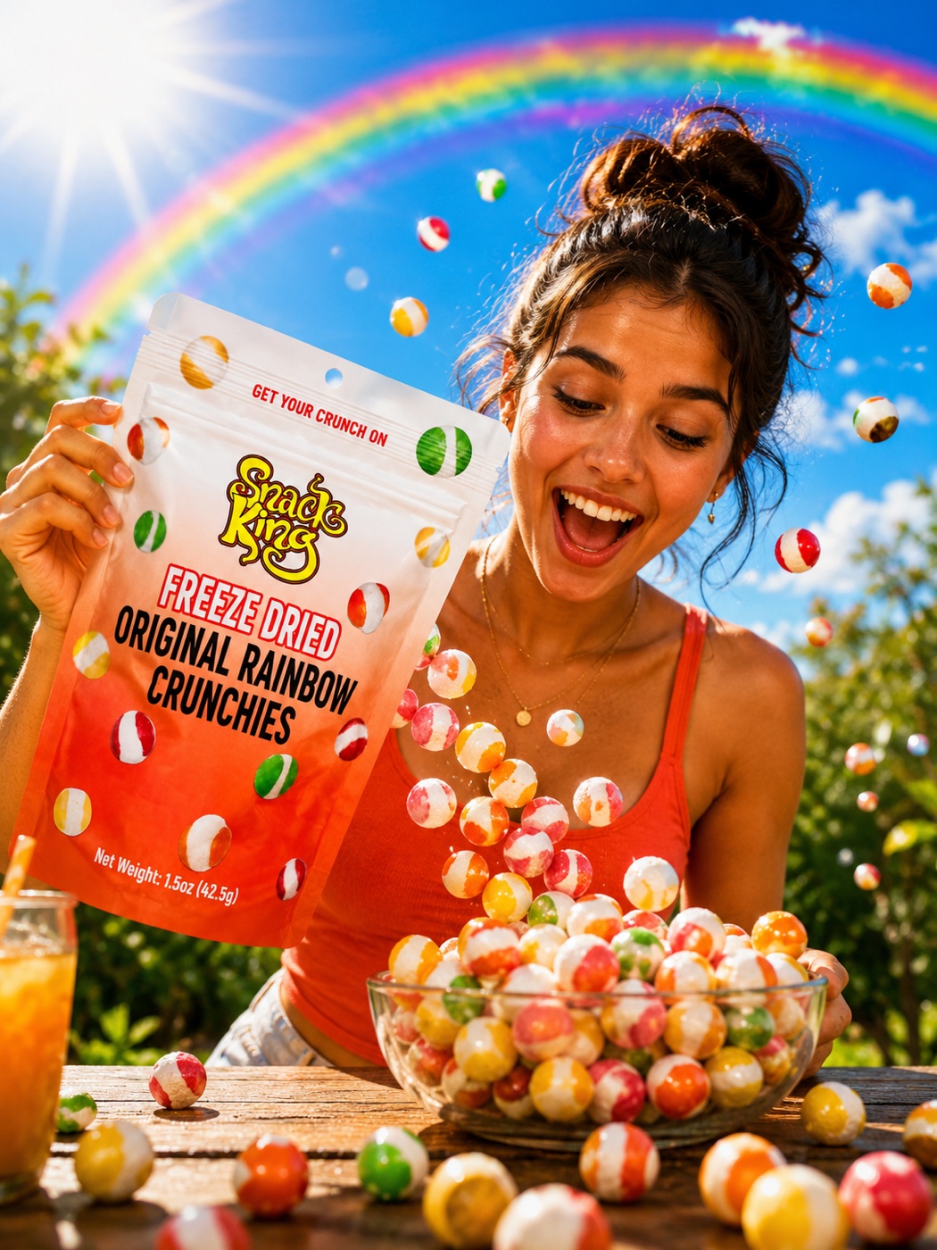 Woman with SnackKingdom Freeze Dried Original Rainbow Crunchies under a rainbow