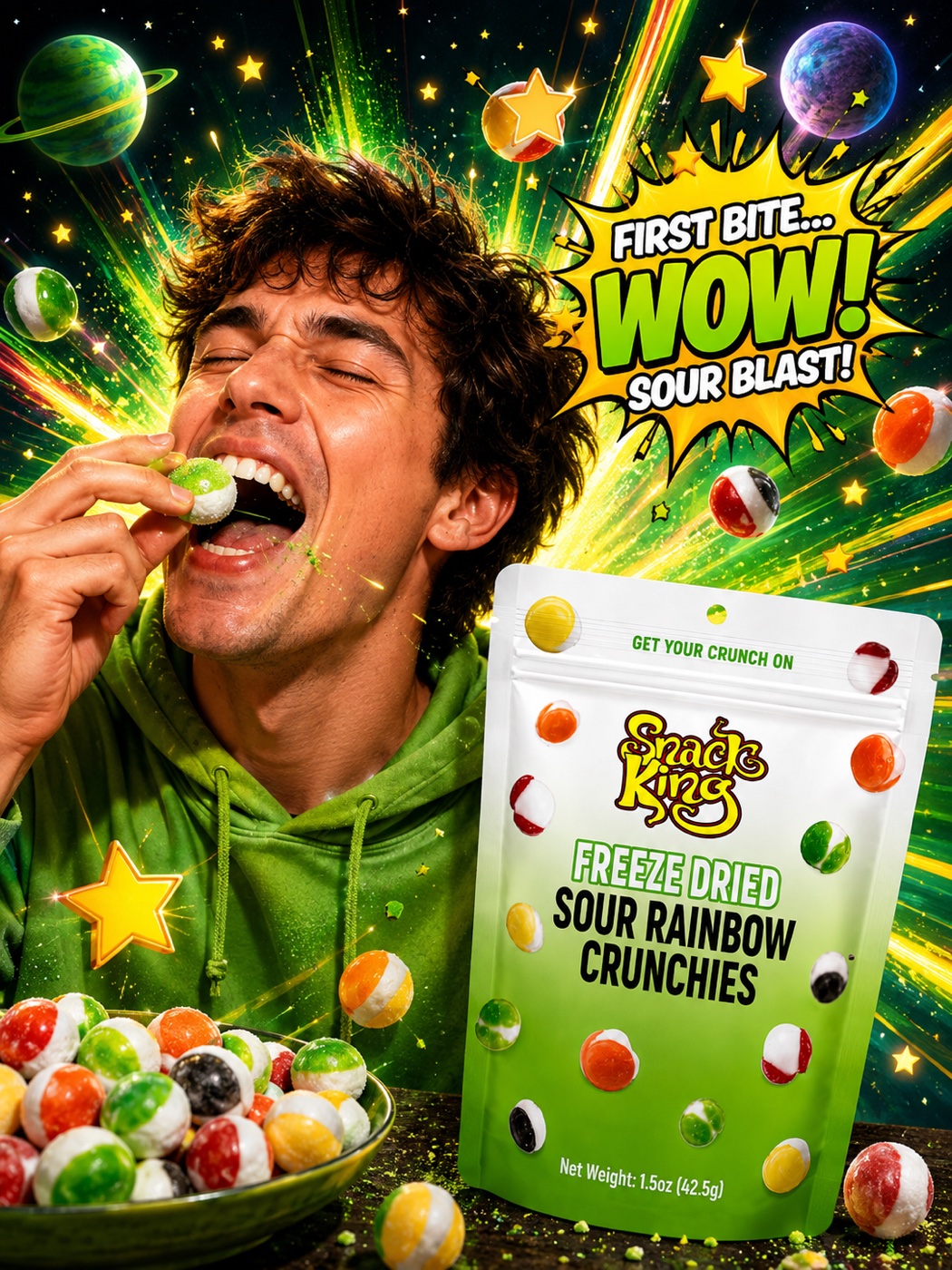 Man eating SnackKingdom Freeze Dried Sour Rainbow Crunchies against a green burst
