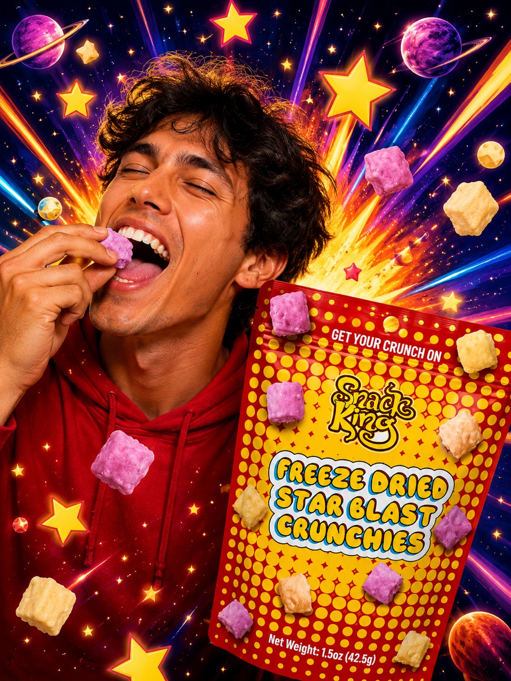 Man eating SnackKingdom Freeze Dried Star Blast Crunchies against a cosmic background