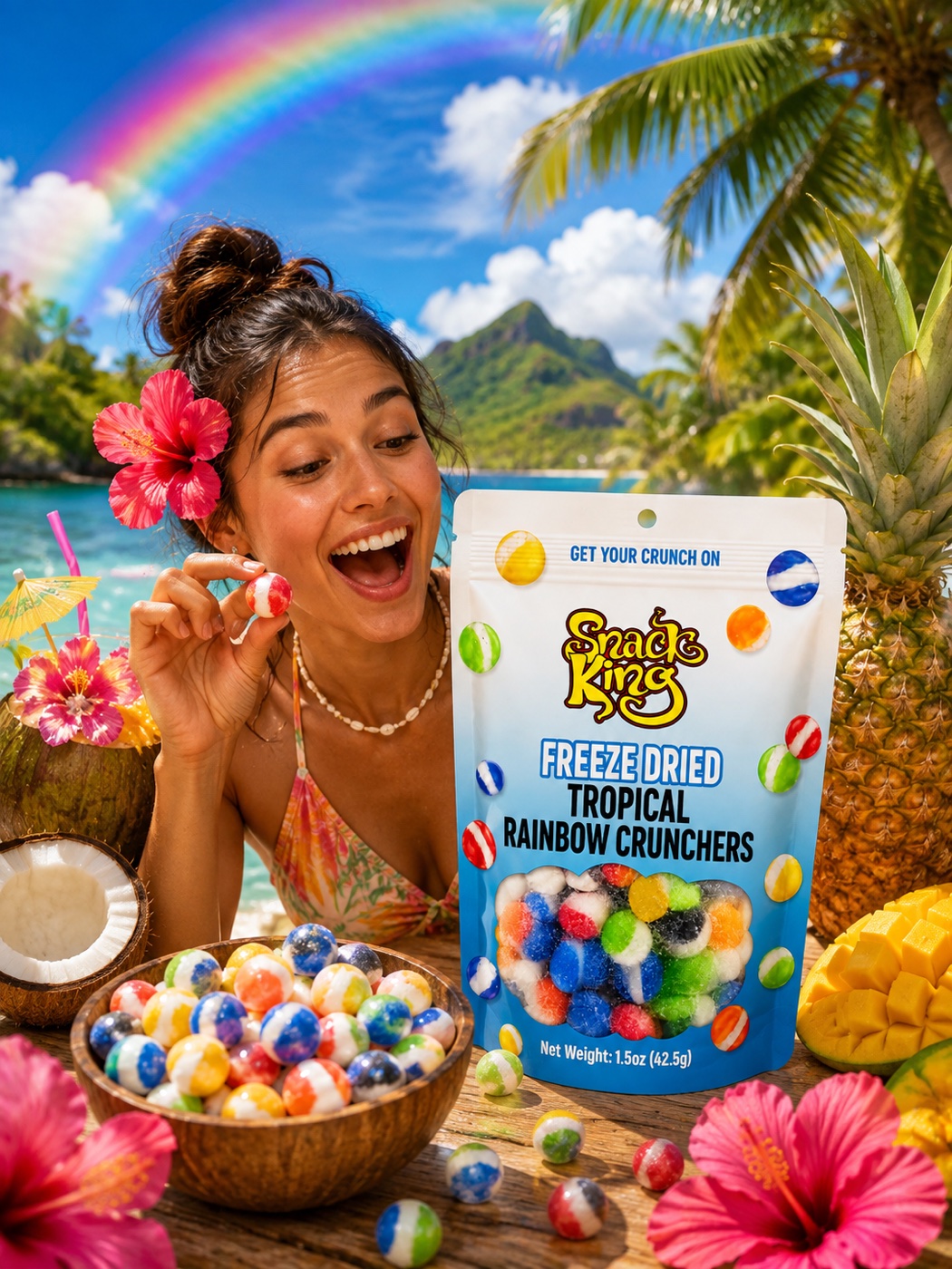 Woman with SnackKingdom Freeze Dried Tropical Rainbow Crunchers in a tropical setting