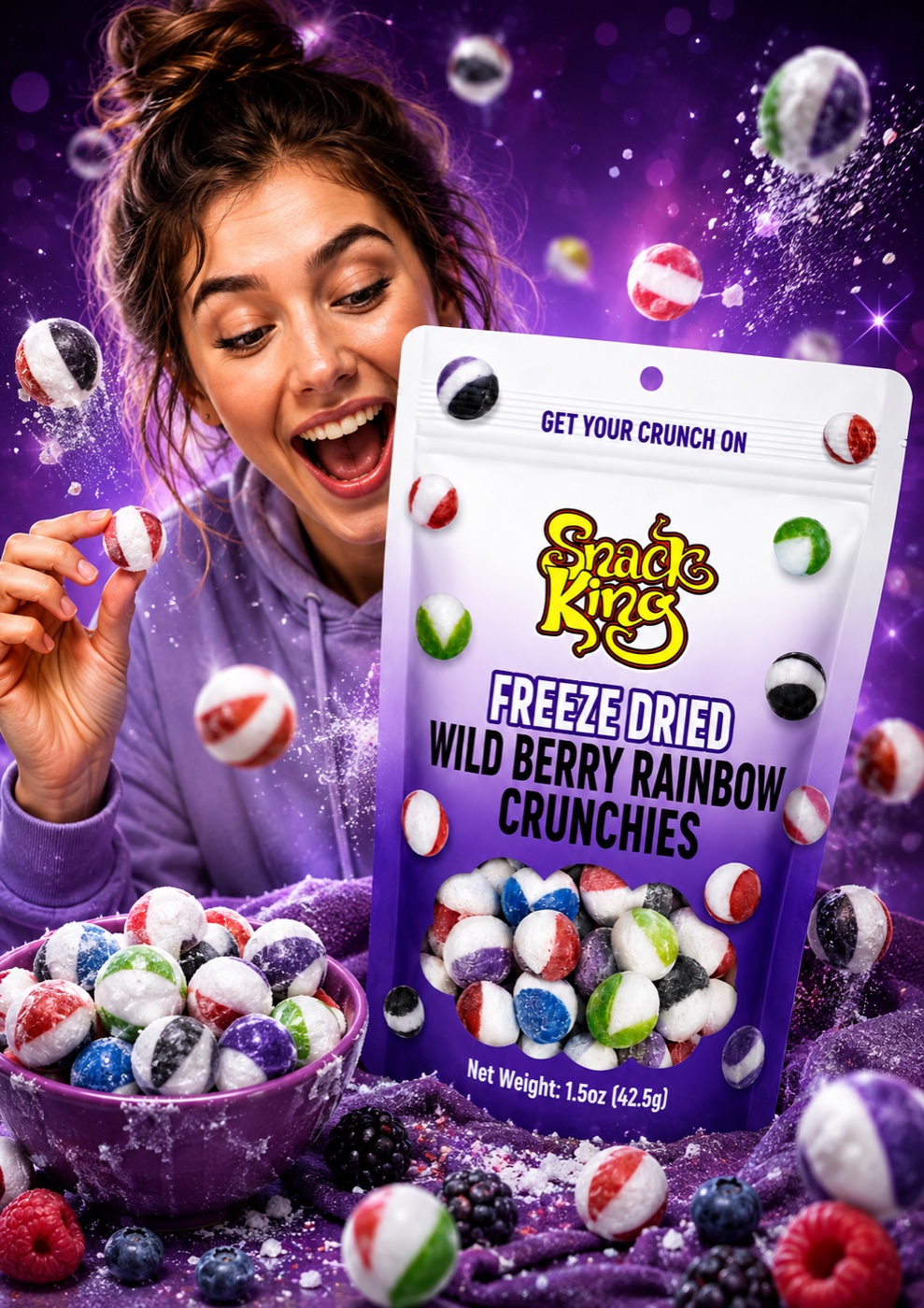 Woman with SnackKingdom Freeze Dried Wild Berry Rainbow Crunchies against a purple cosmic background