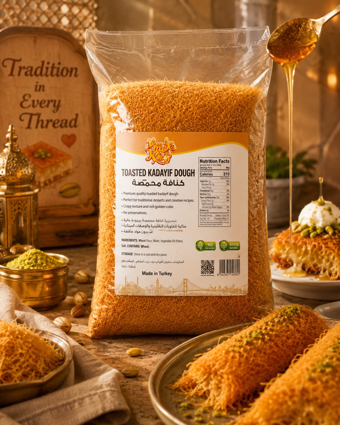 SnackKingdom Toasted Kadayif Dough pack beside golden kunafa rolls and pistachio dessert