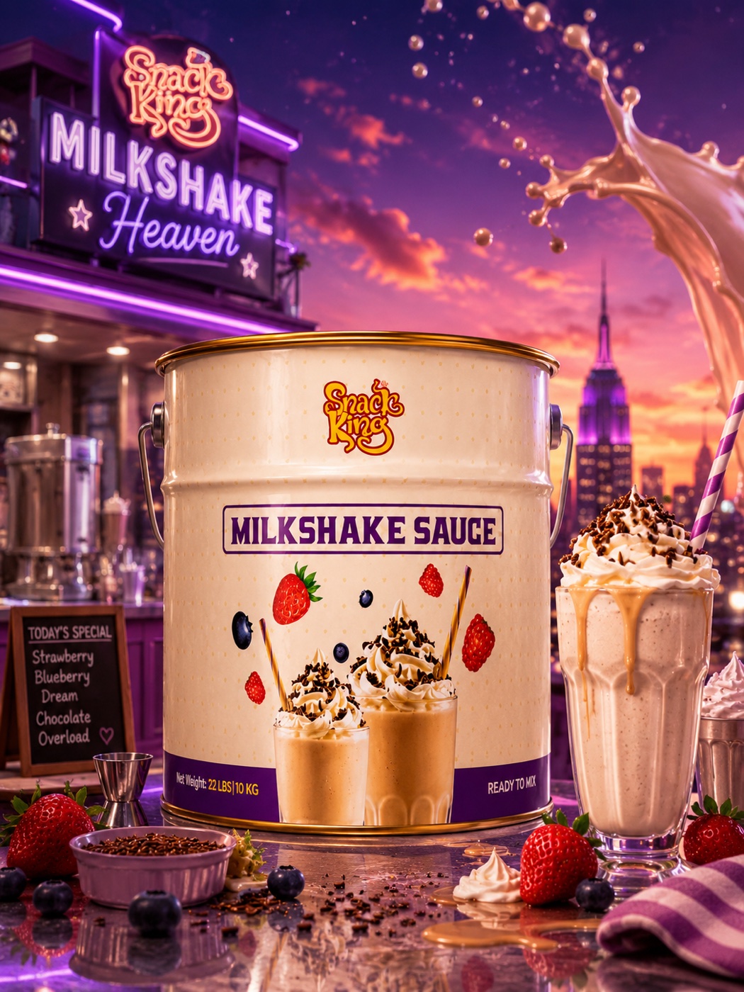 SnackKingdom Milkshake Sauce bucket on a neon-lit diner counter beside three finished milkshakes