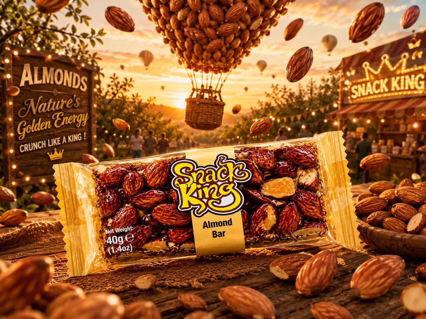 SnackKingdom Almond Bar surrounded by flying almonds at golden hour