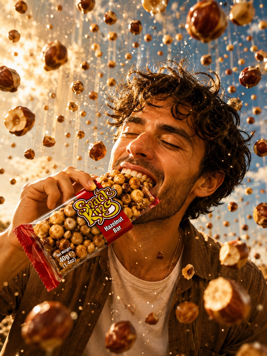 Man eating a SnackKingdom Hazelnut Bar with hazelnuts falling around him