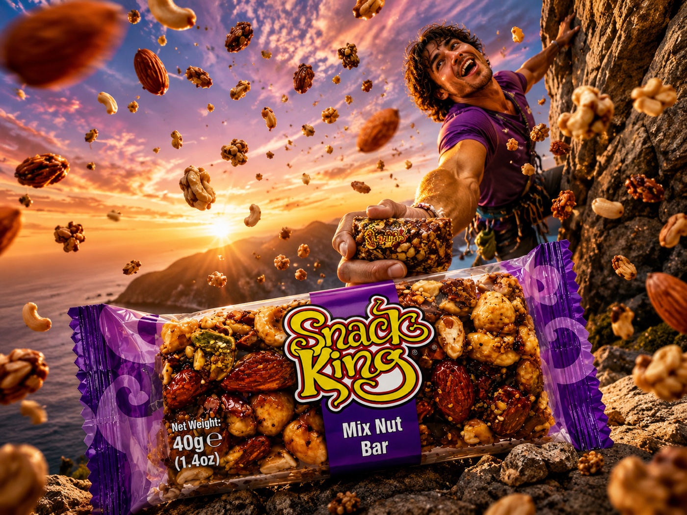 Woman reaching for a SnackKingdom Mix Nut Bar with nuts flying at sunset