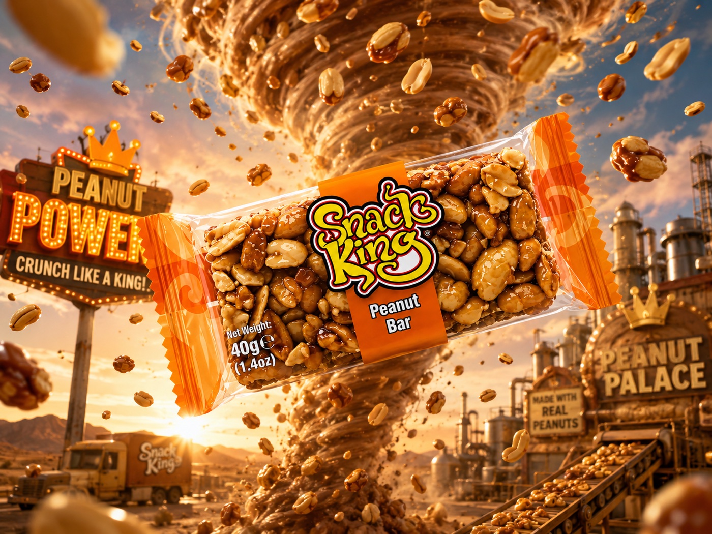 SnackKingdom Peanut Bar with peanuts exploding around it above a golden landscape