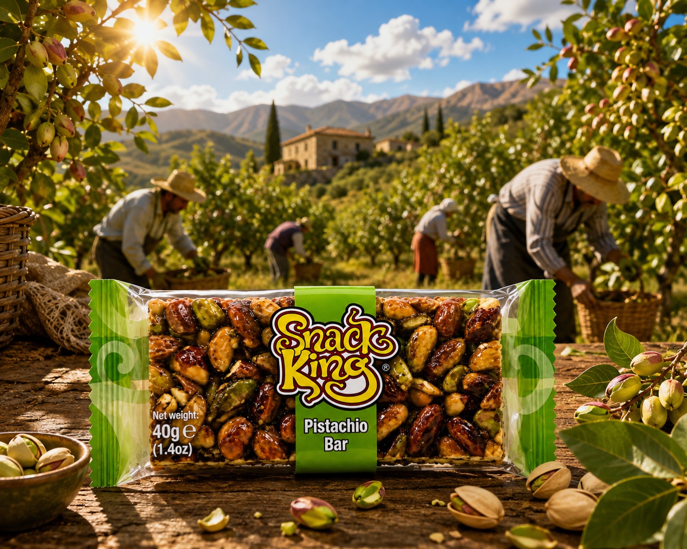 SnackKingdom Pistachio Bar in a pistachio grove at golden hour