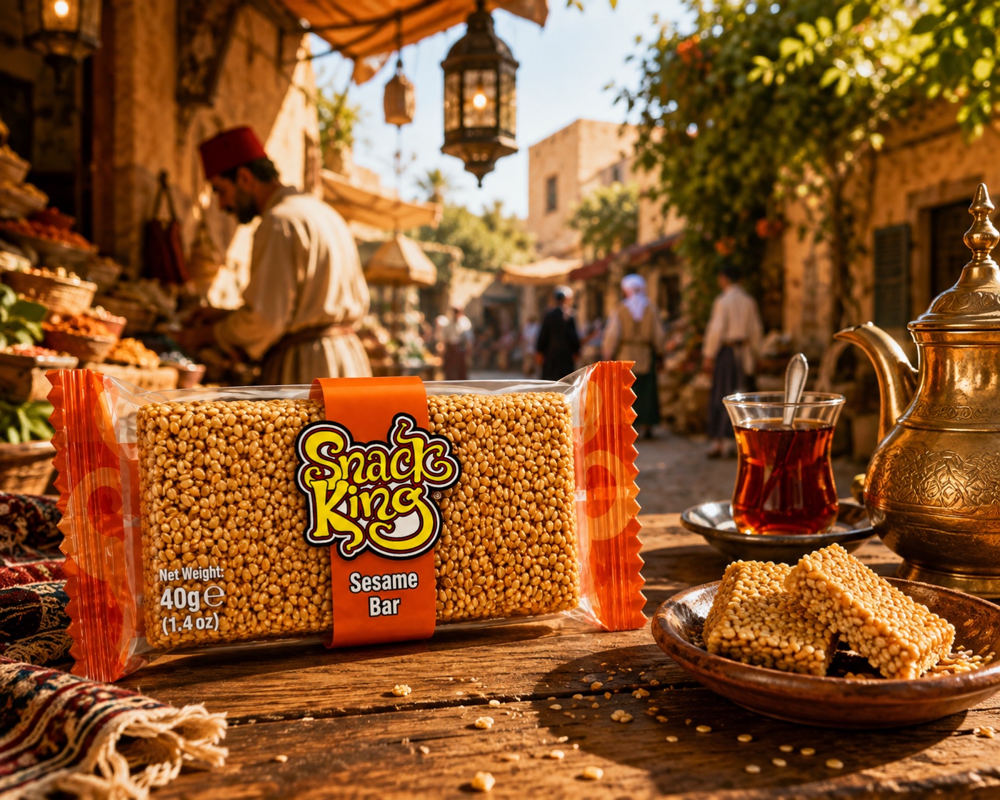 SnackKingdom Sesame Bar on a table in a Middle Eastern market with tea