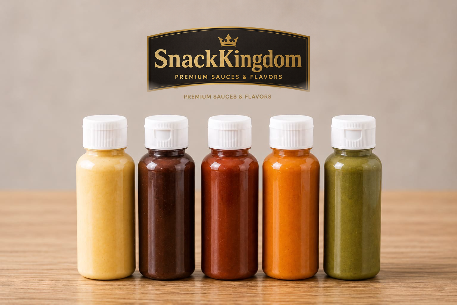 Five SnackKingdom sauce sample bottles lined up on a wooden surface