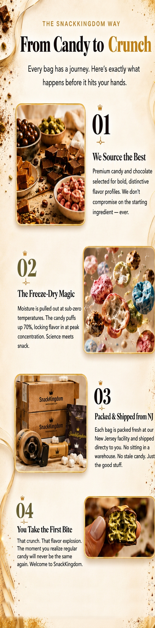 From Candy to Crunch β every bag is sourced, freeze-dried, packed in New Jersey, and enjoyed