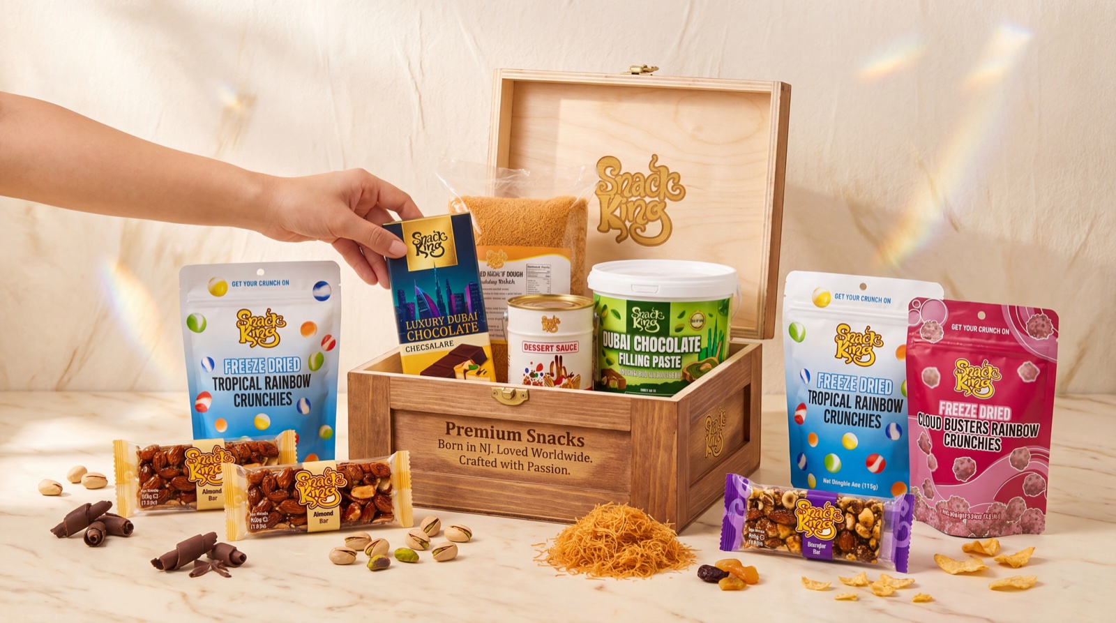 SnackKingdom wooden gift box filled with Dubai chocolate, kunafa dough, freeze dried candy and nut bars