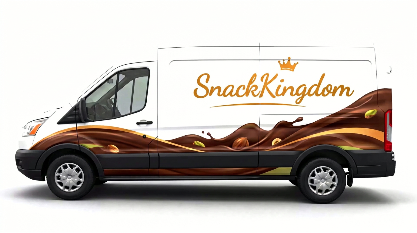 SnackKingdom delivery van with the gold SnackKingdom crown logo and chocolate pistachio wrap